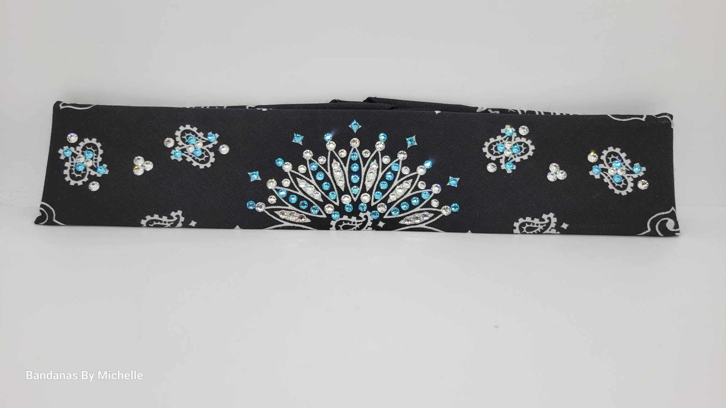 Narrow Black Paisley Bandana with Turquoise and Diamond Clear Austrian Crystals (Sku2087)