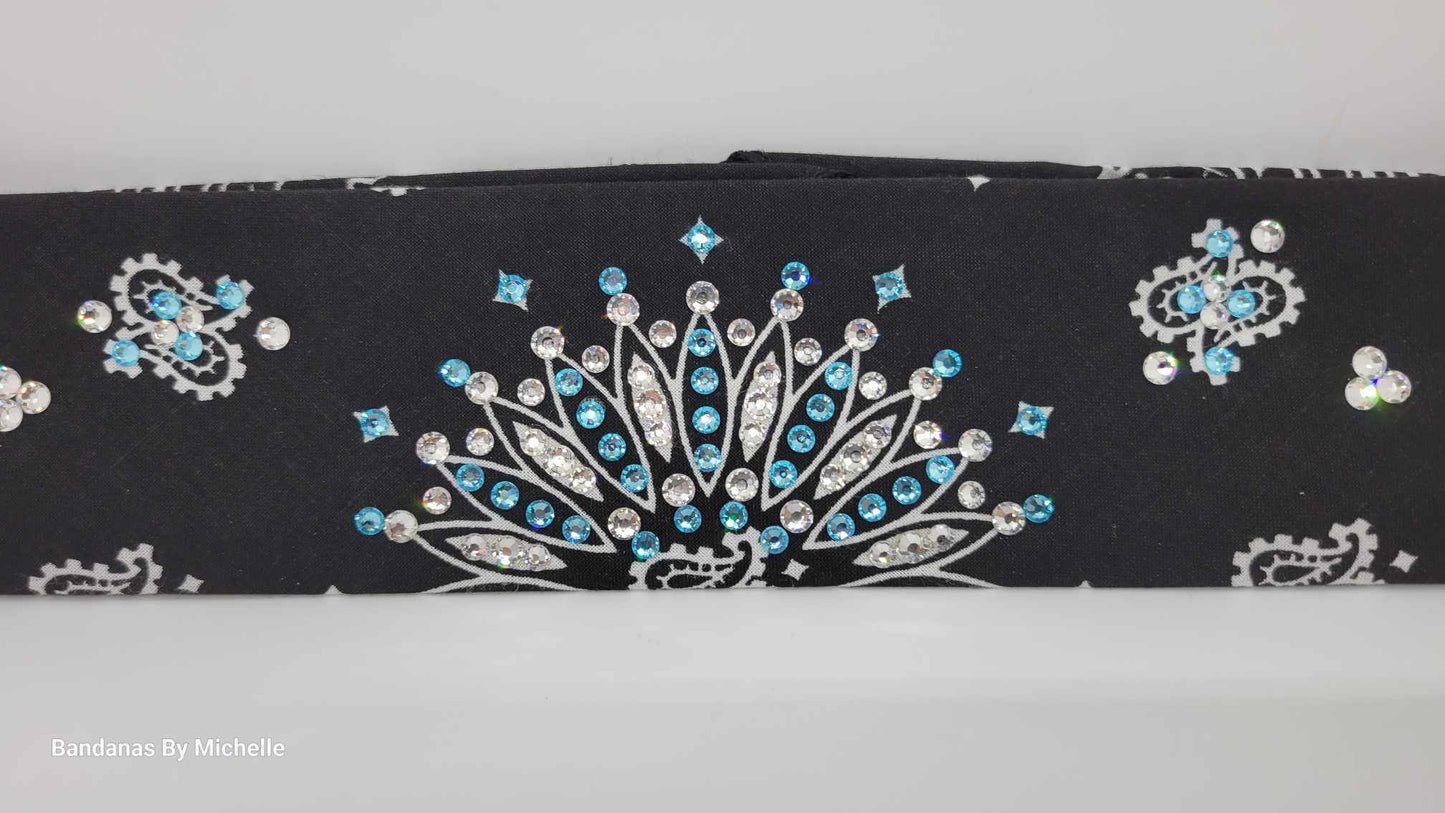 Narrow Black Paisley Bandana with Turquoise and Diamond Clear Austrian Crystals (Sku2087)