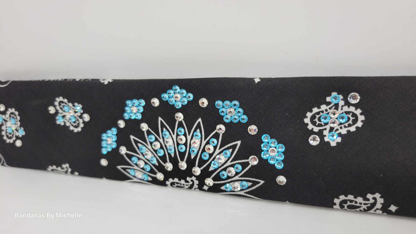 Narrow Black Paisley Bandana with Turquoise and Diamond Clear Austrian Crystals (Sku2088)
