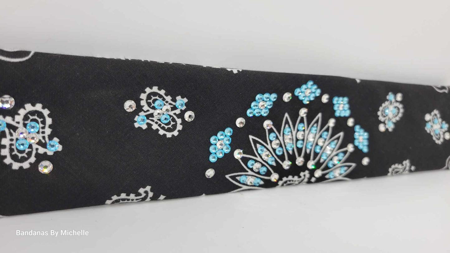Narrow Black Paisley Bandana with Turquoise and Diamond Clear Austrian Crystals (Sku2088)