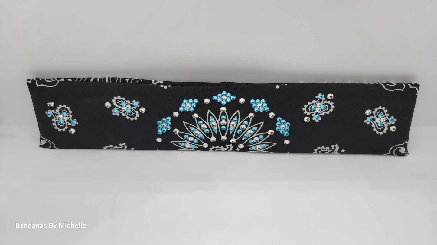 Narrow Black Paisley Bandana with Turquoise and Diamond Clear Austrian Crystals (Sku2088)