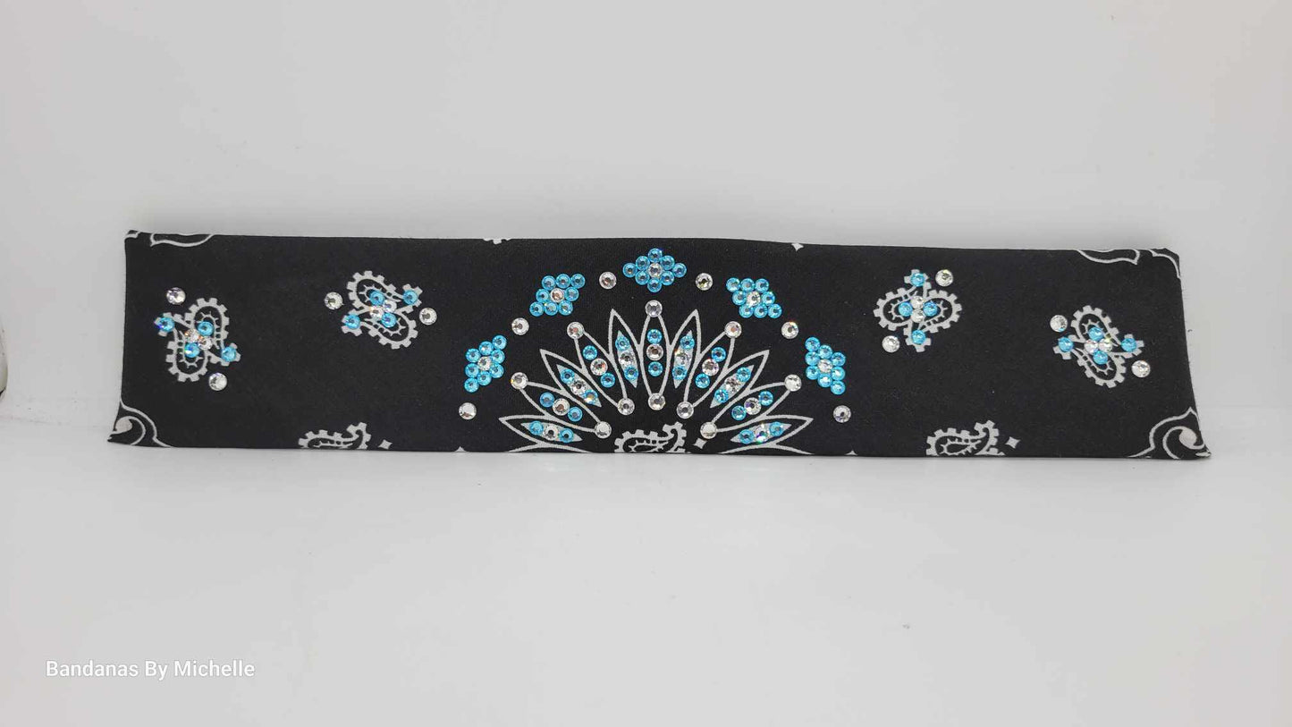 Narrow Black Paisley Bandana with Turquoise and Diamond Clear Austrian Crystals (Sku2088)