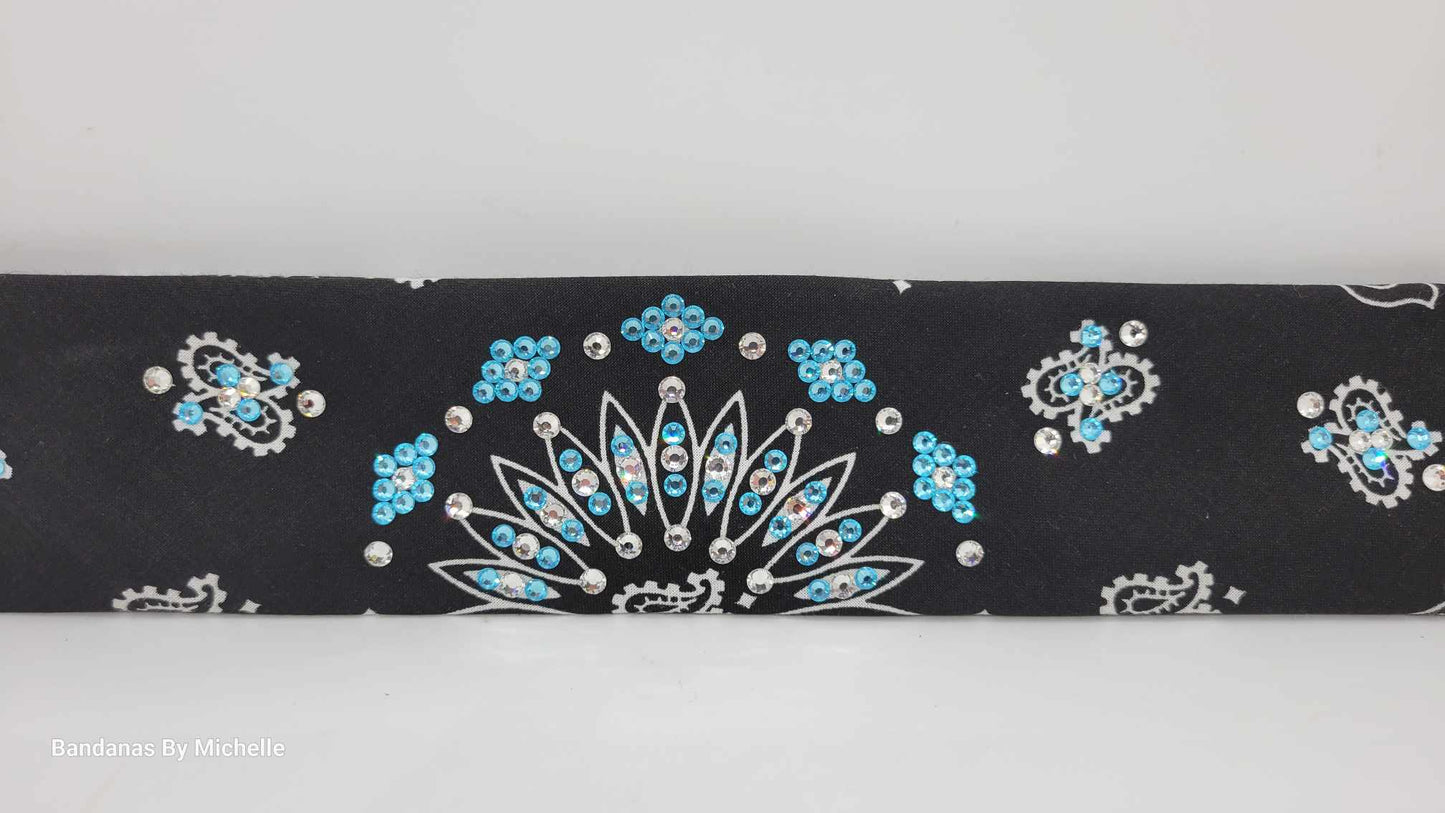 Narrow Black Paisley Bandana with Turquoise and Diamond Clear Austrian Crystals (Sku2088)