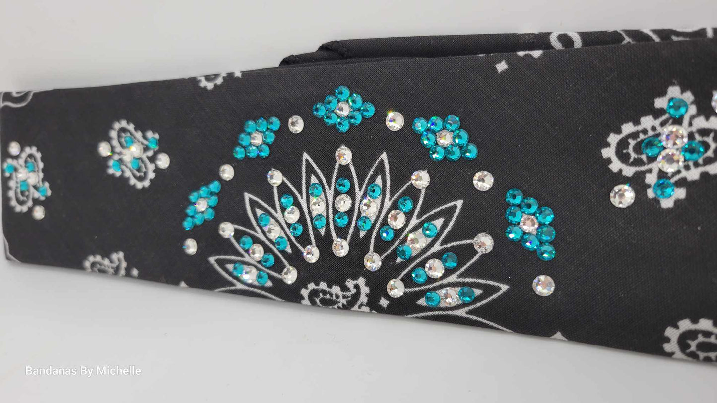 Narrow Black Paisley Bandana with Bright Blue and Diamond Clear Austrian Crystals (Sku2089)