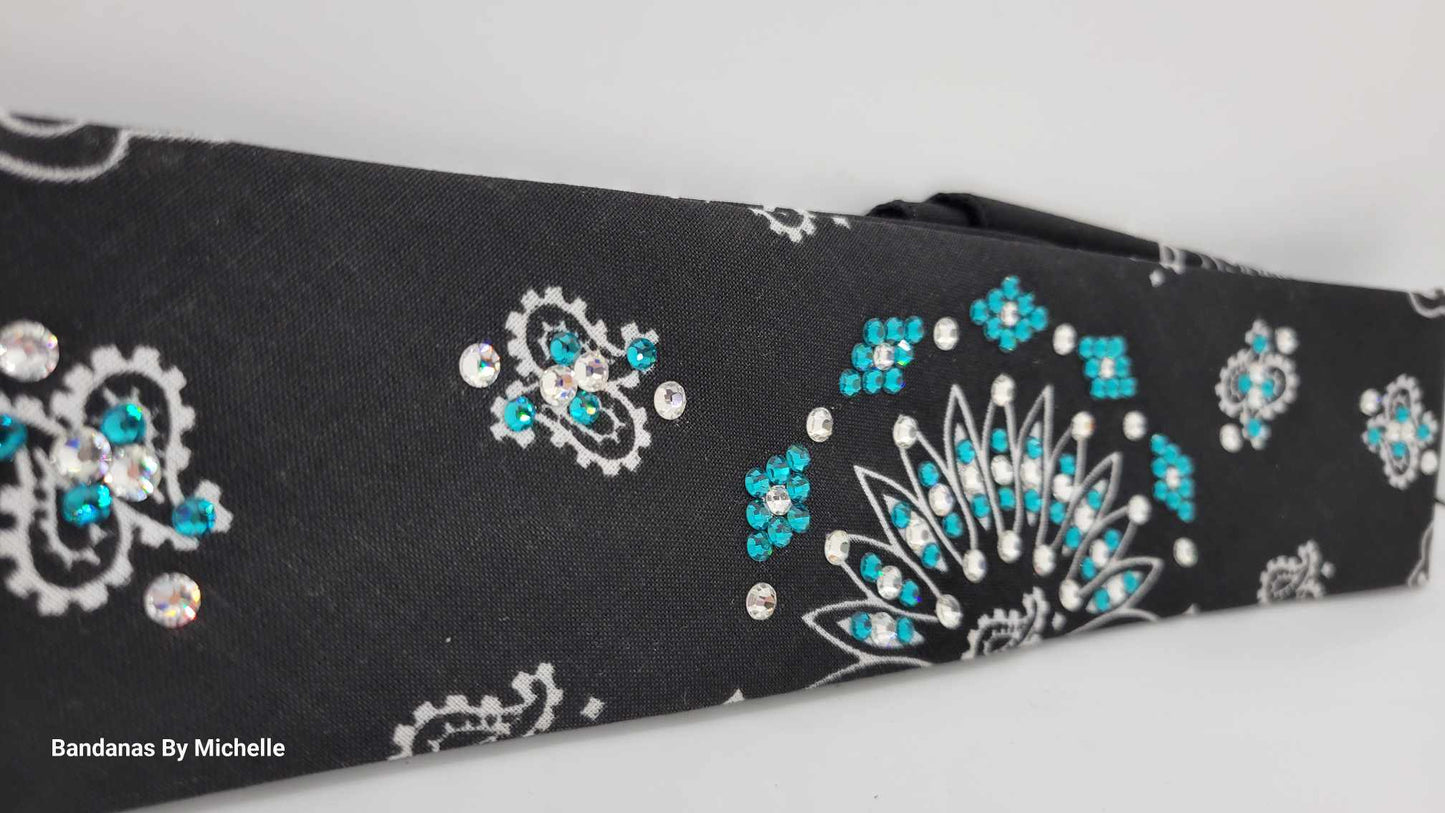 Narrow Black Paisley Bandana with Bright Blue and Diamond Clear Austrian Crystals (Sku2089)