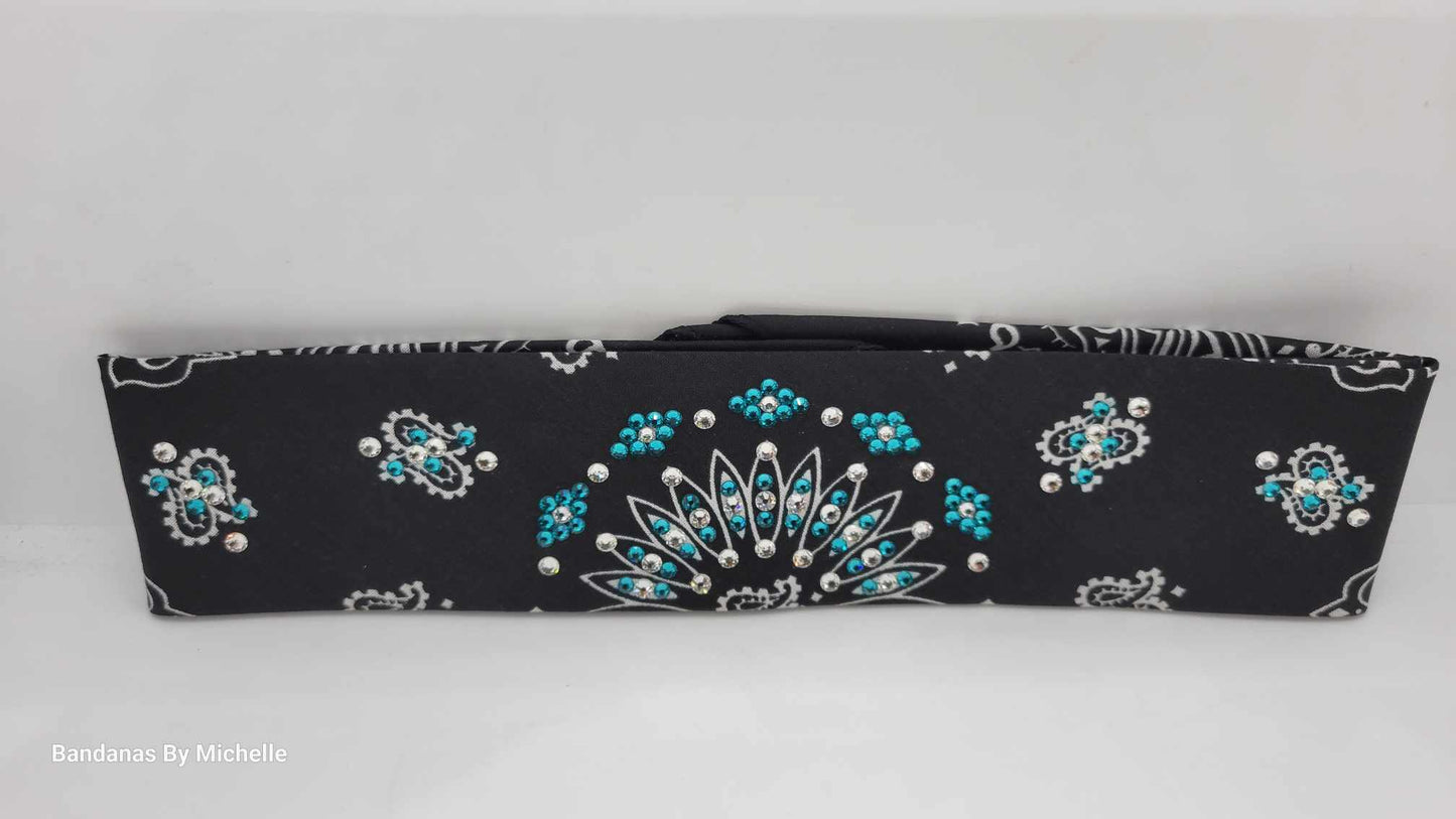 Narrow Black Paisley Bandana with Bright Blue and Diamond Clear Austrian Crystals (Sku2089)