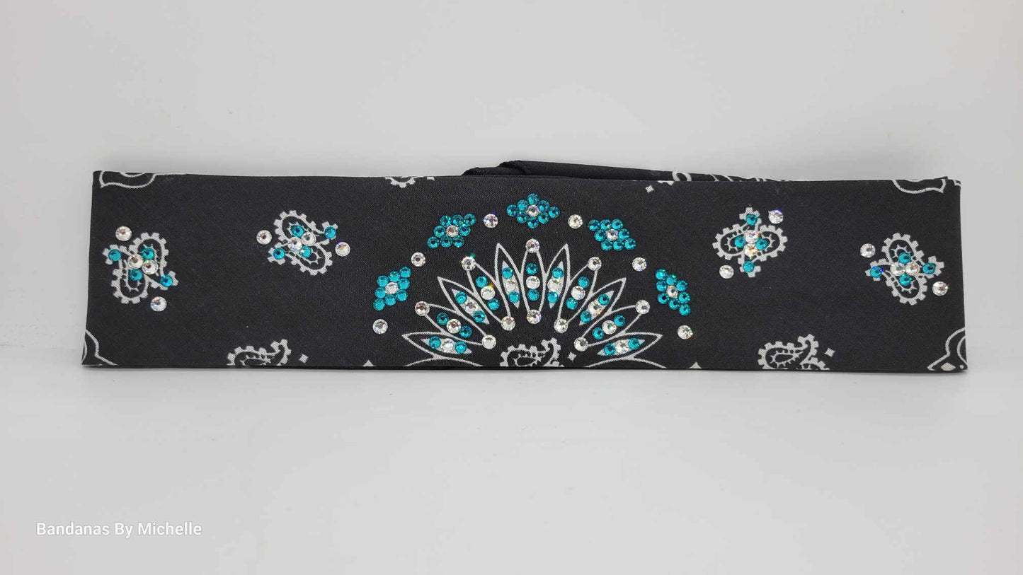 Narrow Black Paisley Bandana with Bright Blue and Diamond Clear Austrian Crystals (Sku2089)