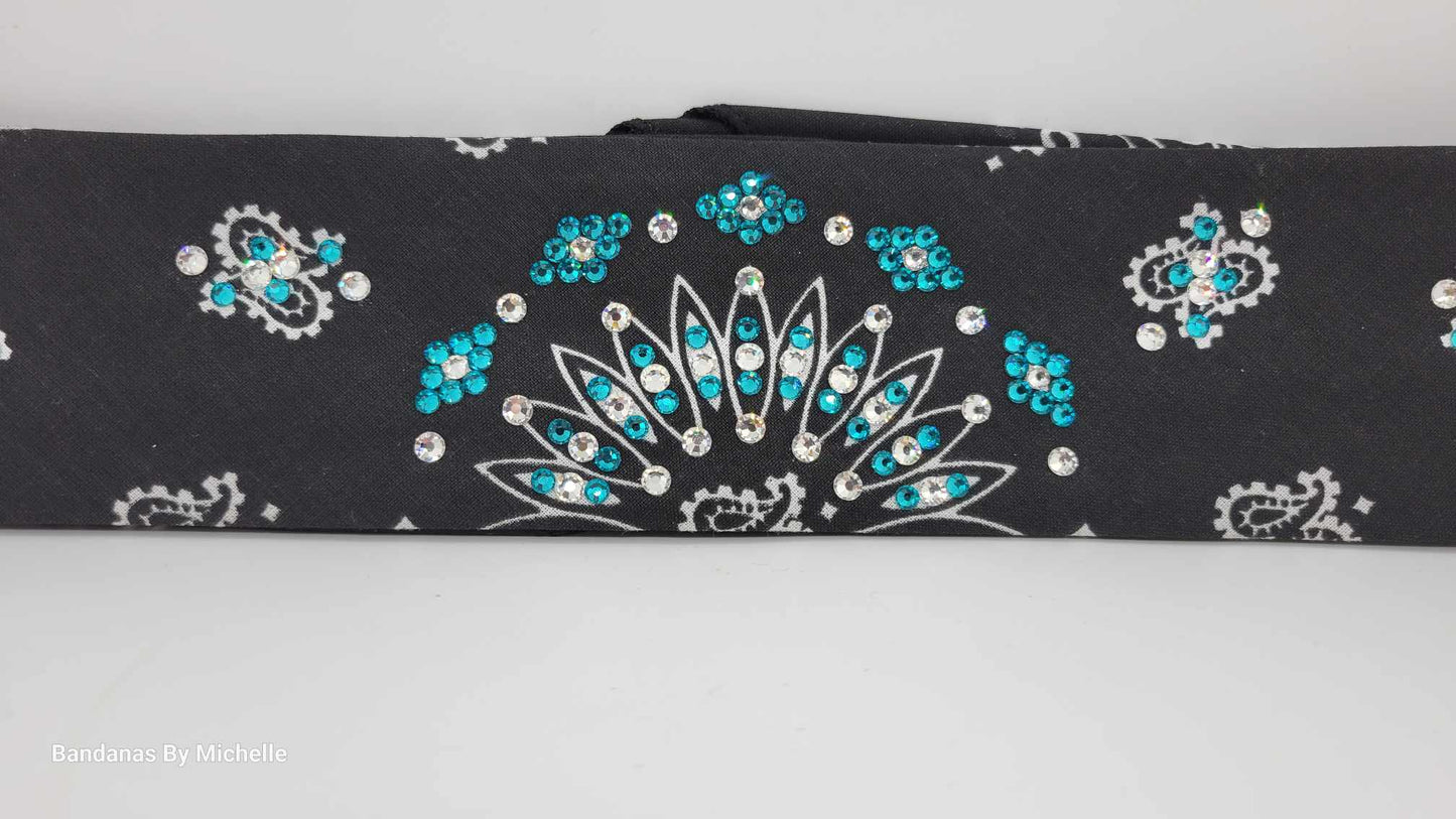 Narrow Black Paisley Bandana with Bright Blue and Diamond Clear Austrian Crystals (Sku2089)