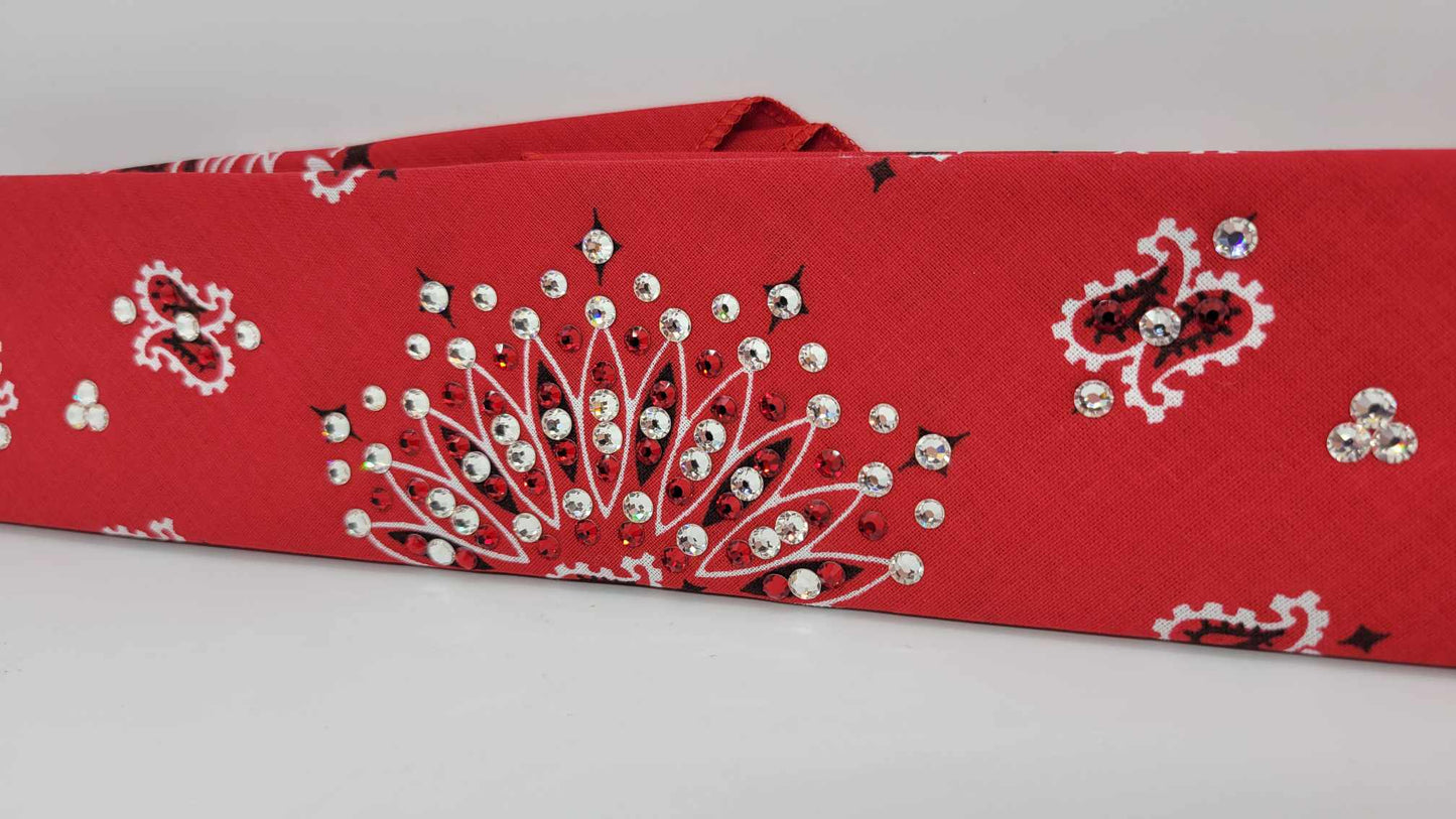 Narrow Red Paisley Bandana with Red and Diamond Clear Austrian Crystals (Sku2101)