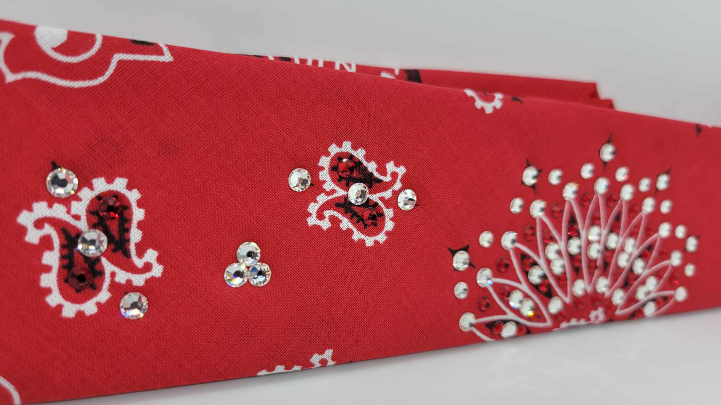 Narrow Red Paisley Bandana with Red and Diamond Clear Austrian Crystals (Sku2101)