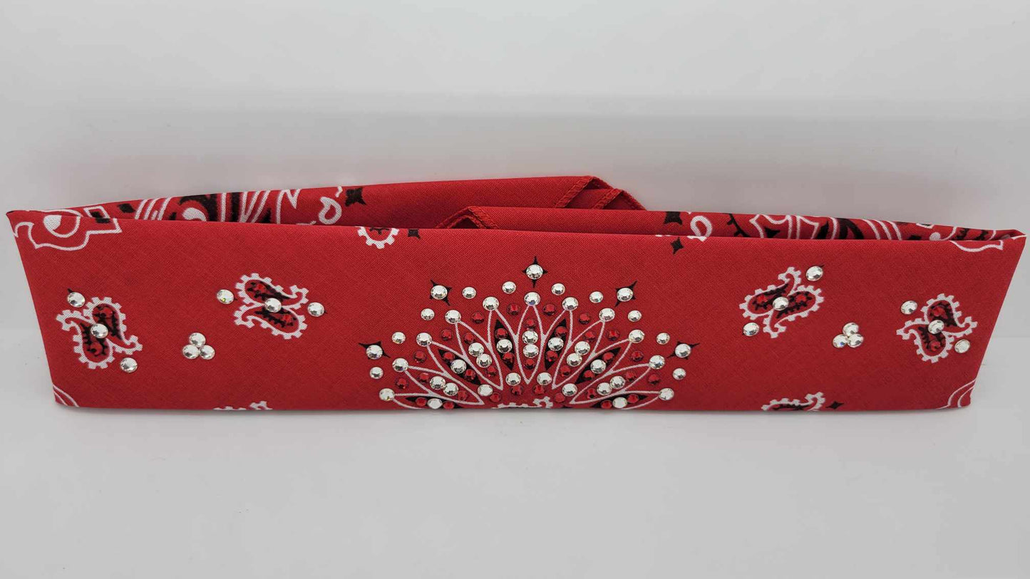 Narrow Red Paisley Bandana with Red and Diamond Clear Austrian Crystals (Sku2101)