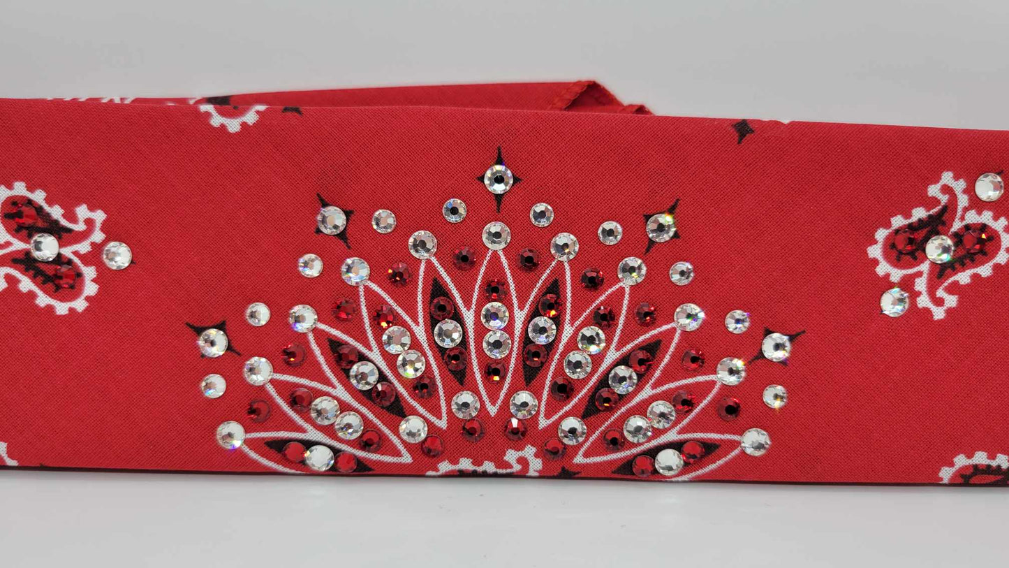 Narrow Red Paisley Bandana with Red and Diamond Clear Austrian Crystals (Sku2101)