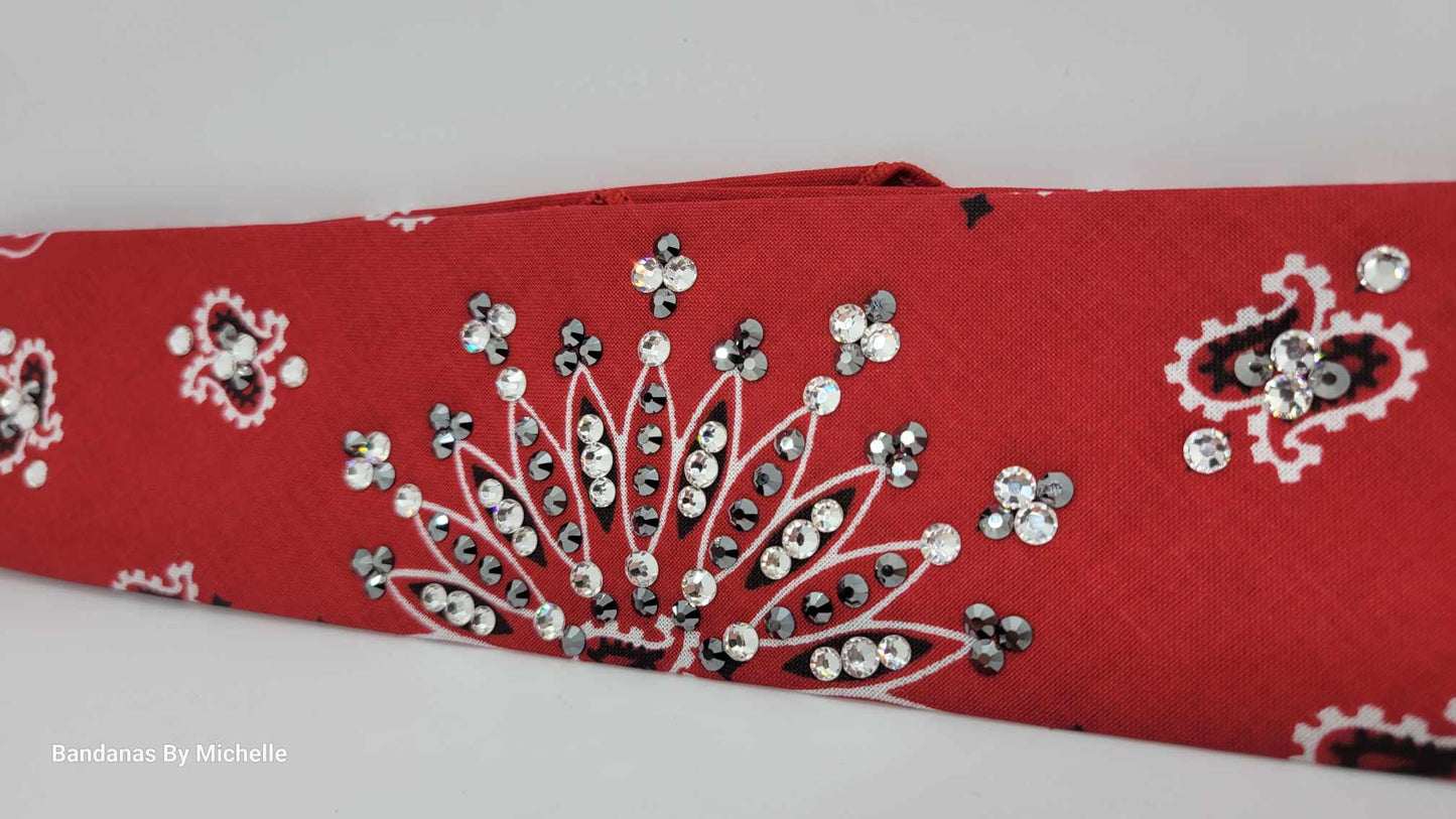 Narrow Red Paisley Bandana with Black and Diamond Clear Austrian Crystals (Sku2102)