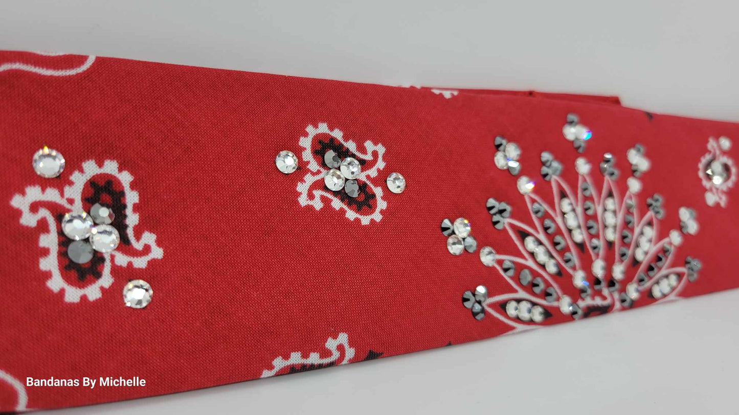 Narrow Red Paisley Bandana with Black and Diamond Clear Austrian Crystals (Sku2102)