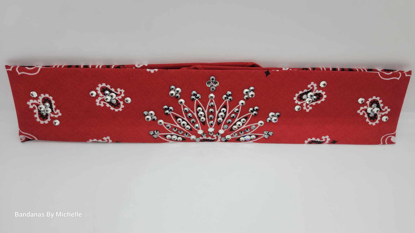 Narrow Red Paisley Bandana with Black and Diamond Clear Austrian Crystals (Sku2102)