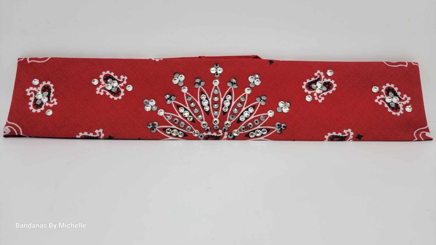 Narrow Red Paisley Bandana with Black and Diamond Clear Austrian Crystals (Sku2102)