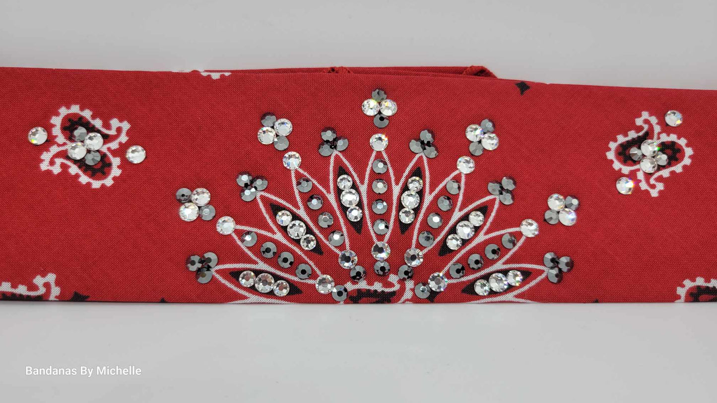 Narrow Red Paisley Bandana with Black and Diamond Clear Austrian Crystals (Sku2102)
