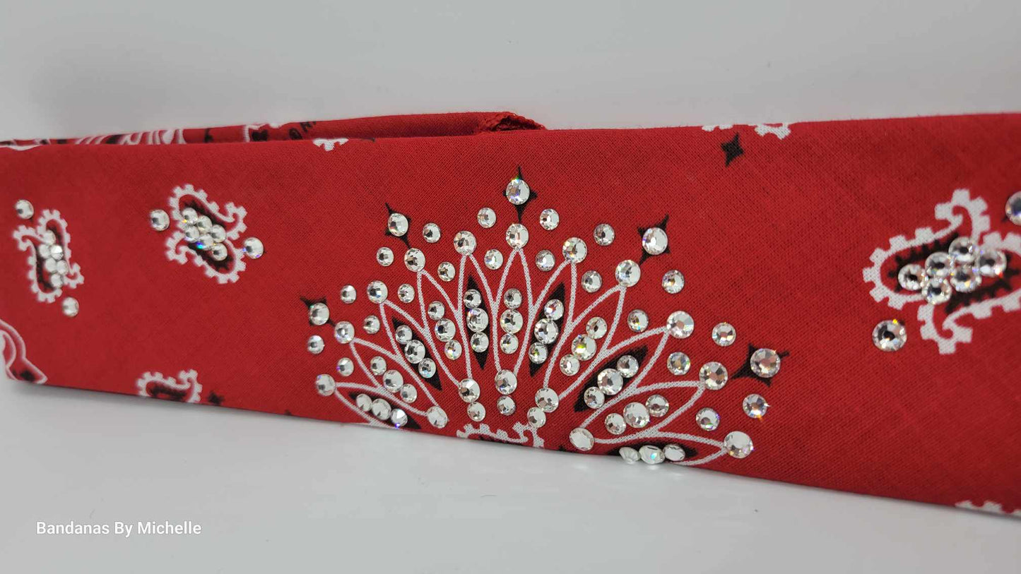 Narrow Red Paisley Bandana with Diamond Clear Austrian Crystals (Sku2103)