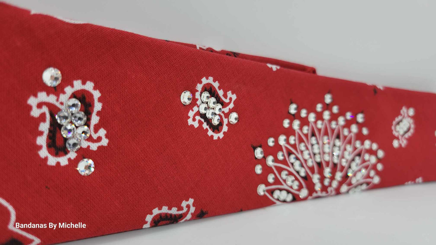 Narrow Red Paisley Bandana with Diamond Clear Austrian Crystals (Sku2103)