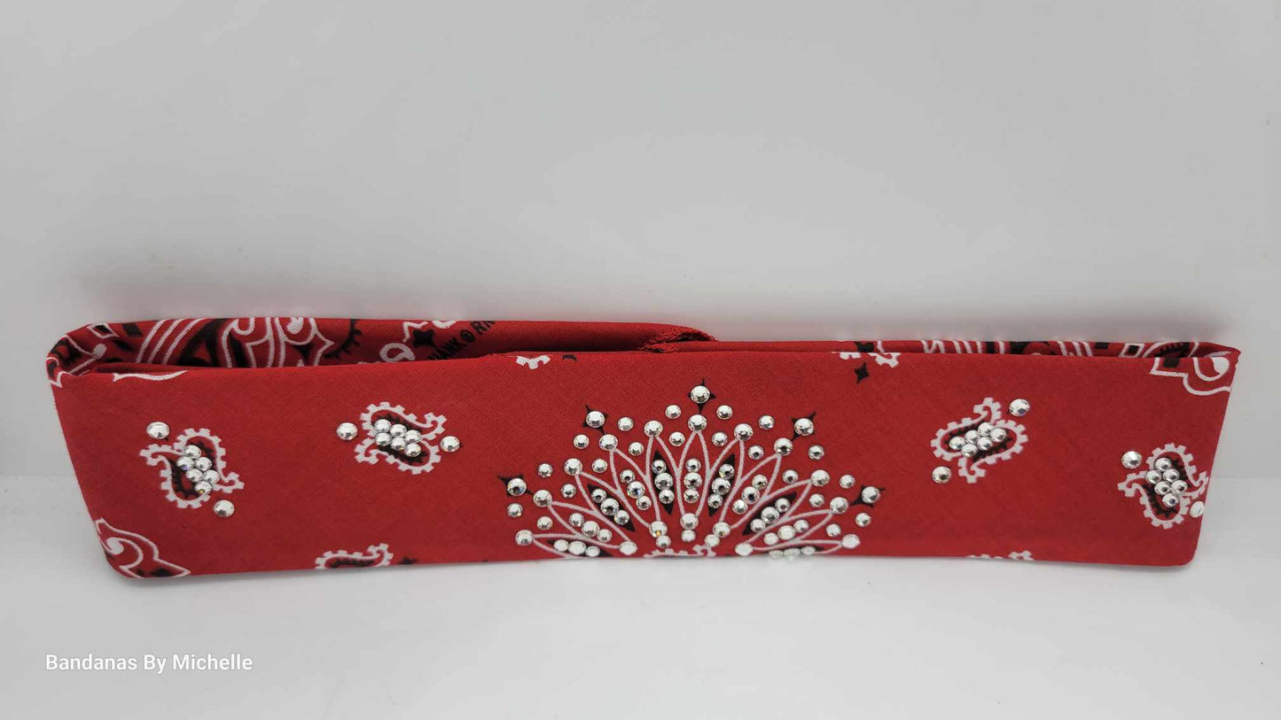 Narrow Red Paisley Bandana with Diamond Clear Austrian Crystals (Sku2103)