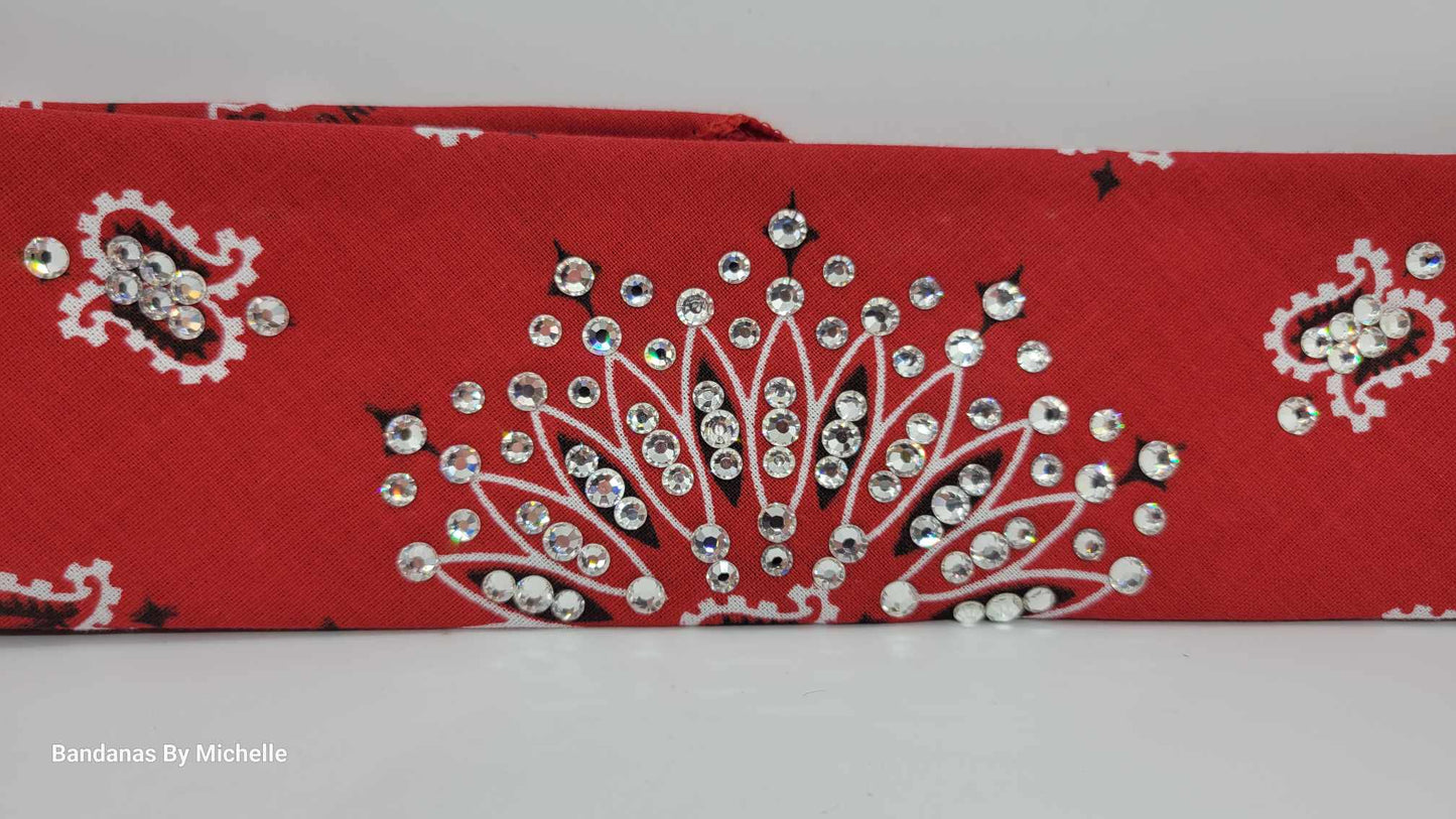 Narrow Red Paisley Bandana with Diamond Clear Austrian Crystals (Sku2103)