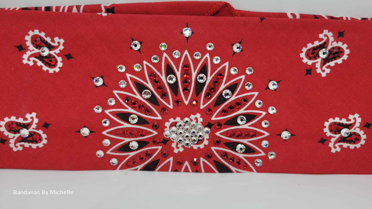 Red Paisley Bandana with Red and Diamond Clear Austrian Crystals (Sku2105)