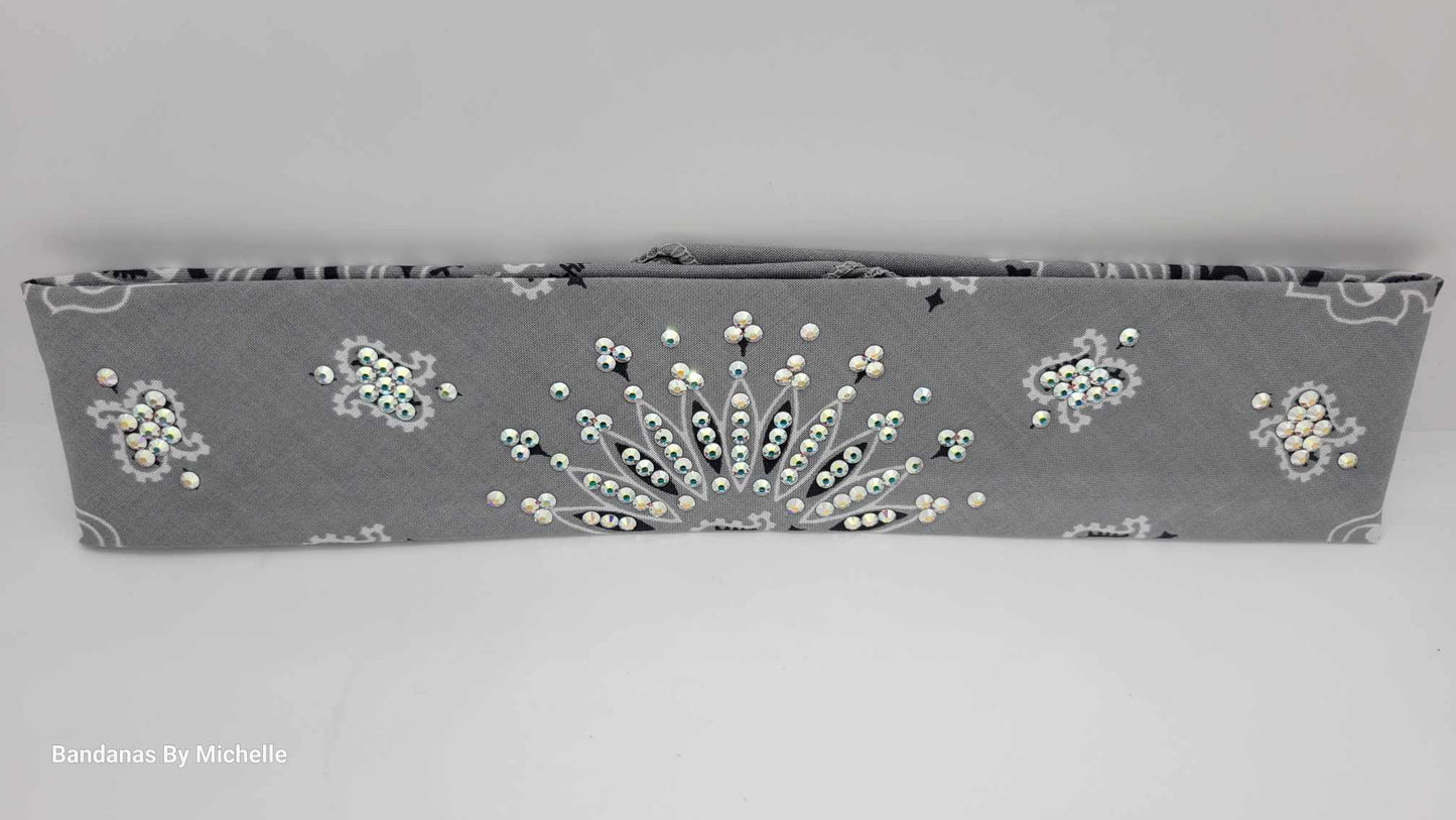 Narrow Silver Paisley Bandana with Aurora Borealis Austrian Crystals (Sku2110)