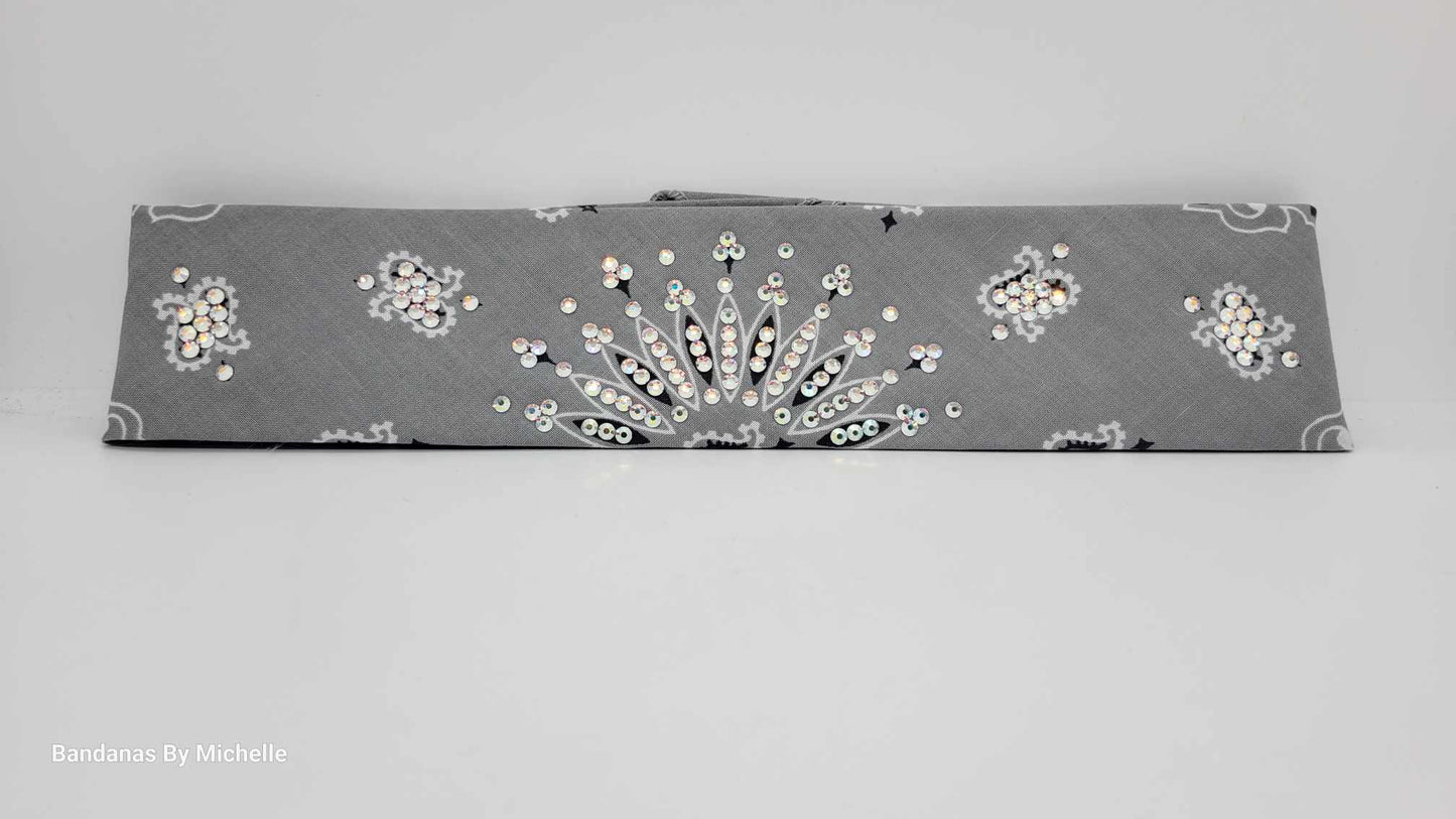 Narrow Silver Paisley Bandana with Aurora Borealis Austrian Crystals (Sku2110)