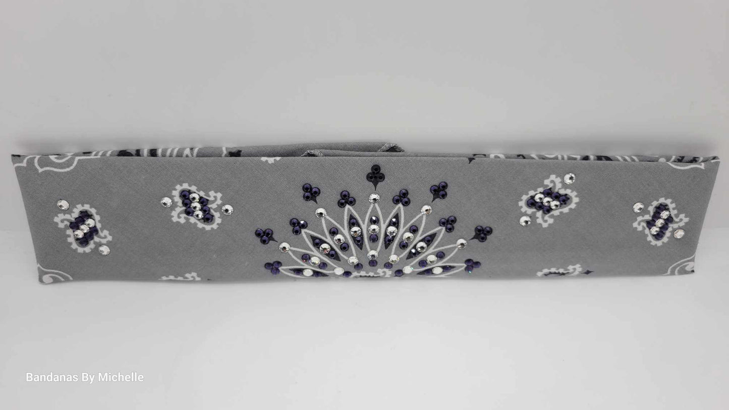 Narrow Silver Paisley Bandana with Dark Purple and Diamond Clear Austrian Crystals (Sku2111)
