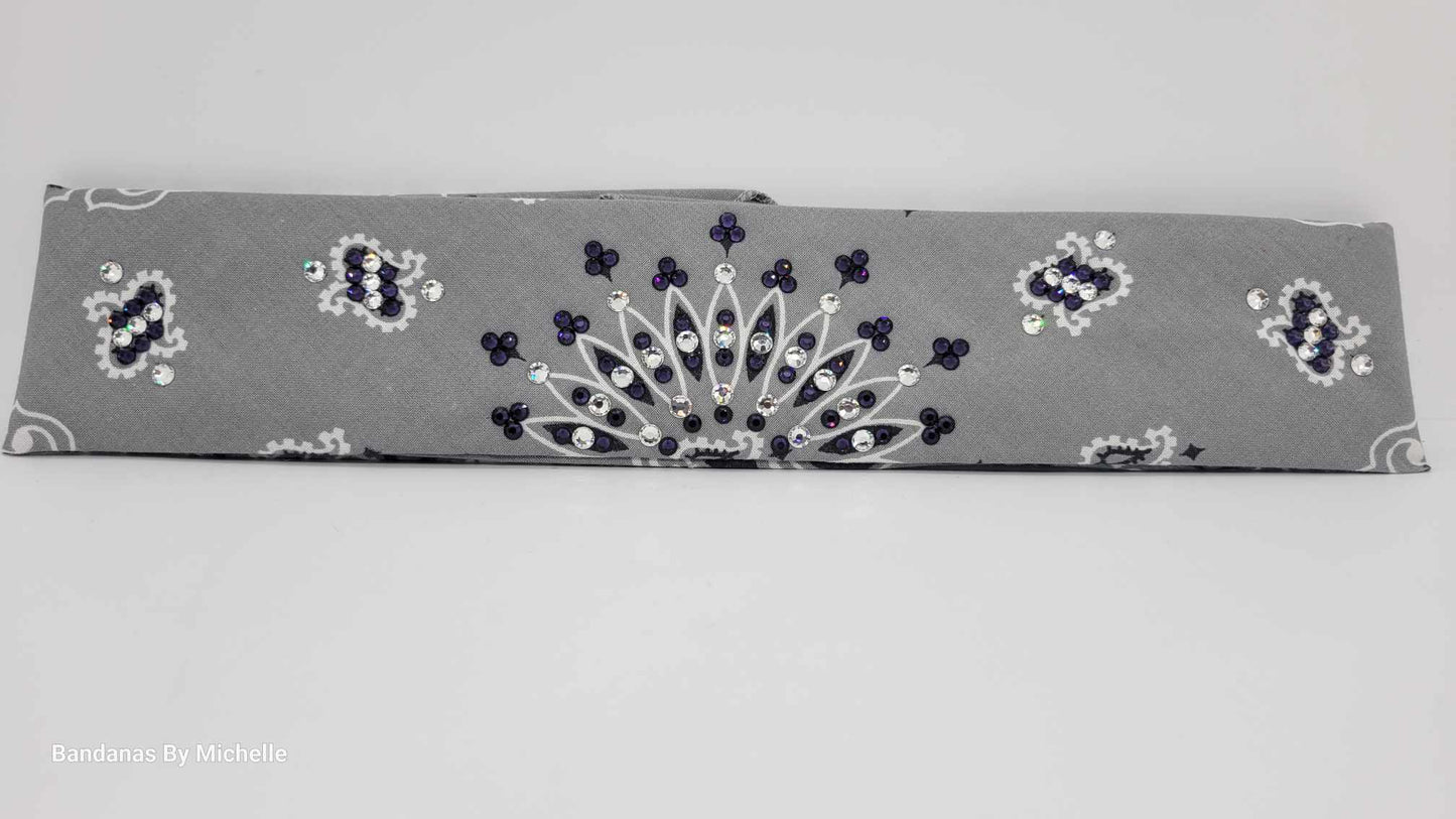 Narrow Silver Paisley Bandana with Dark Purple and Diamond Clear Austrian Crystals (Sku2111)