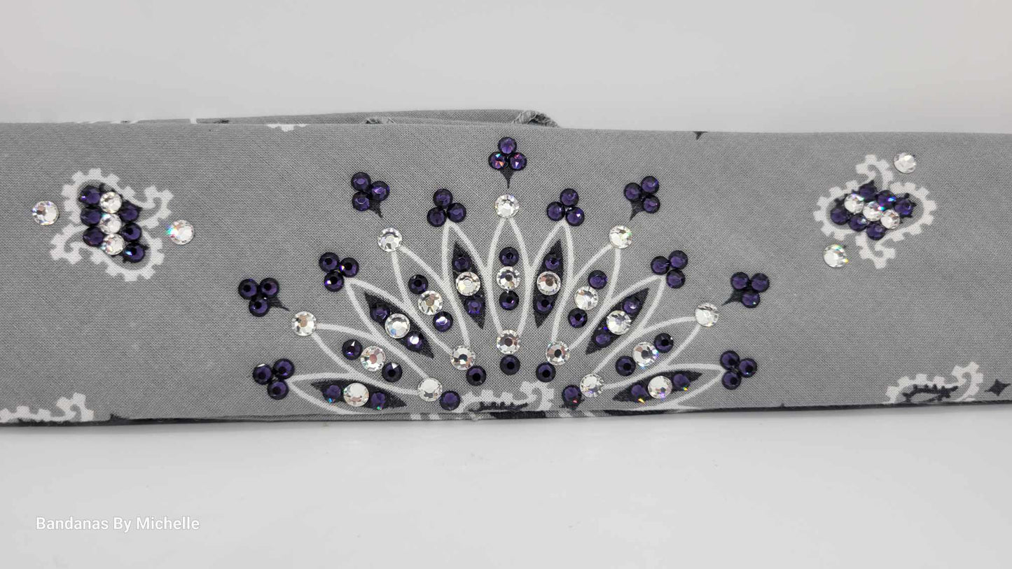 Narrow Silver Paisley Bandana with Dark Purple and Diamond Clear Austrian Crystals (Sku2111)