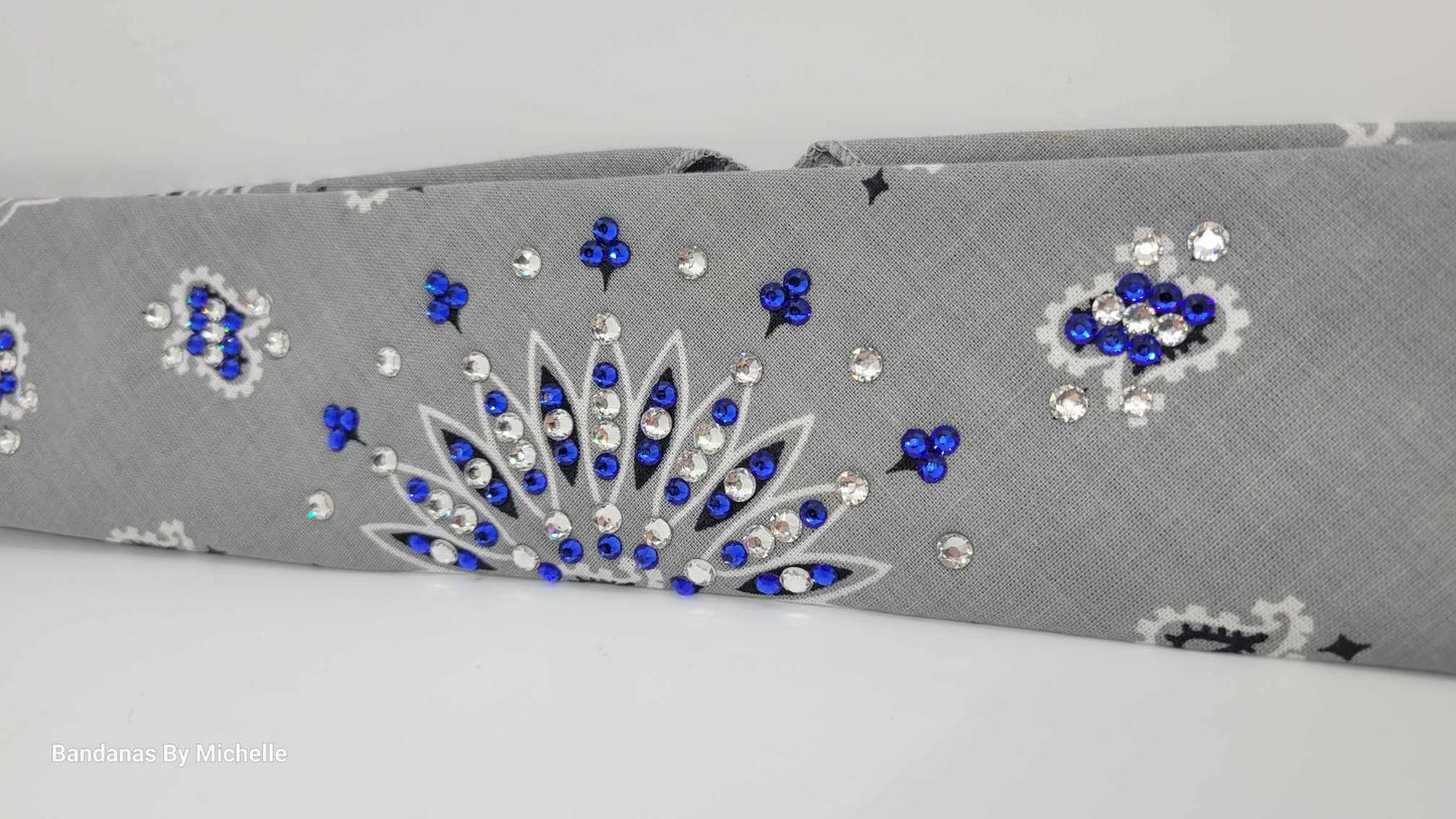 Narrow Silver Paisley Bandana with Blue and Diamond Clear Austrian Crystals (Sku2116)
