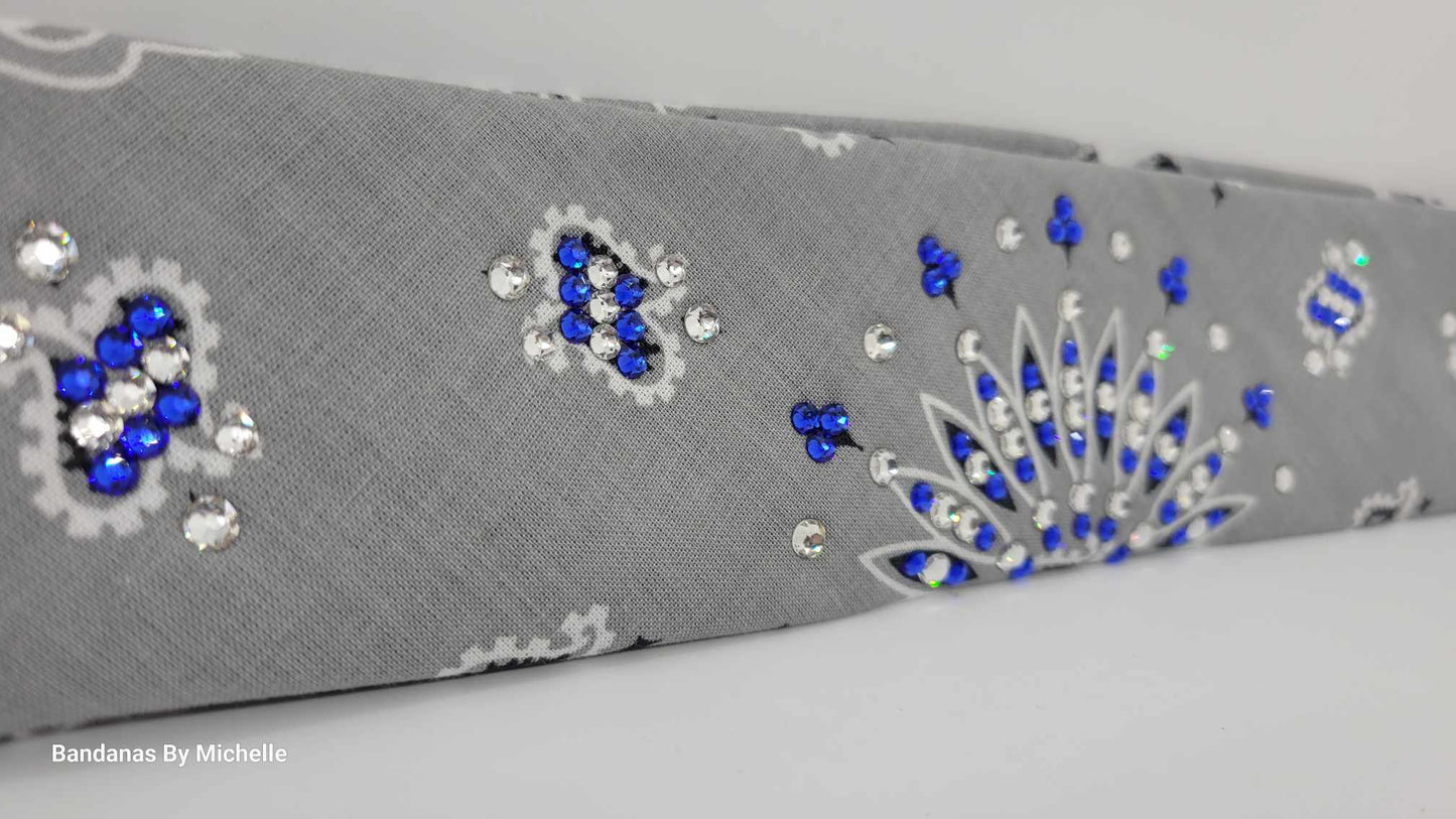 Narrow Silver Paisley Bandana with Blue and Diamond Clear Austrian Crystals (Sku2116)