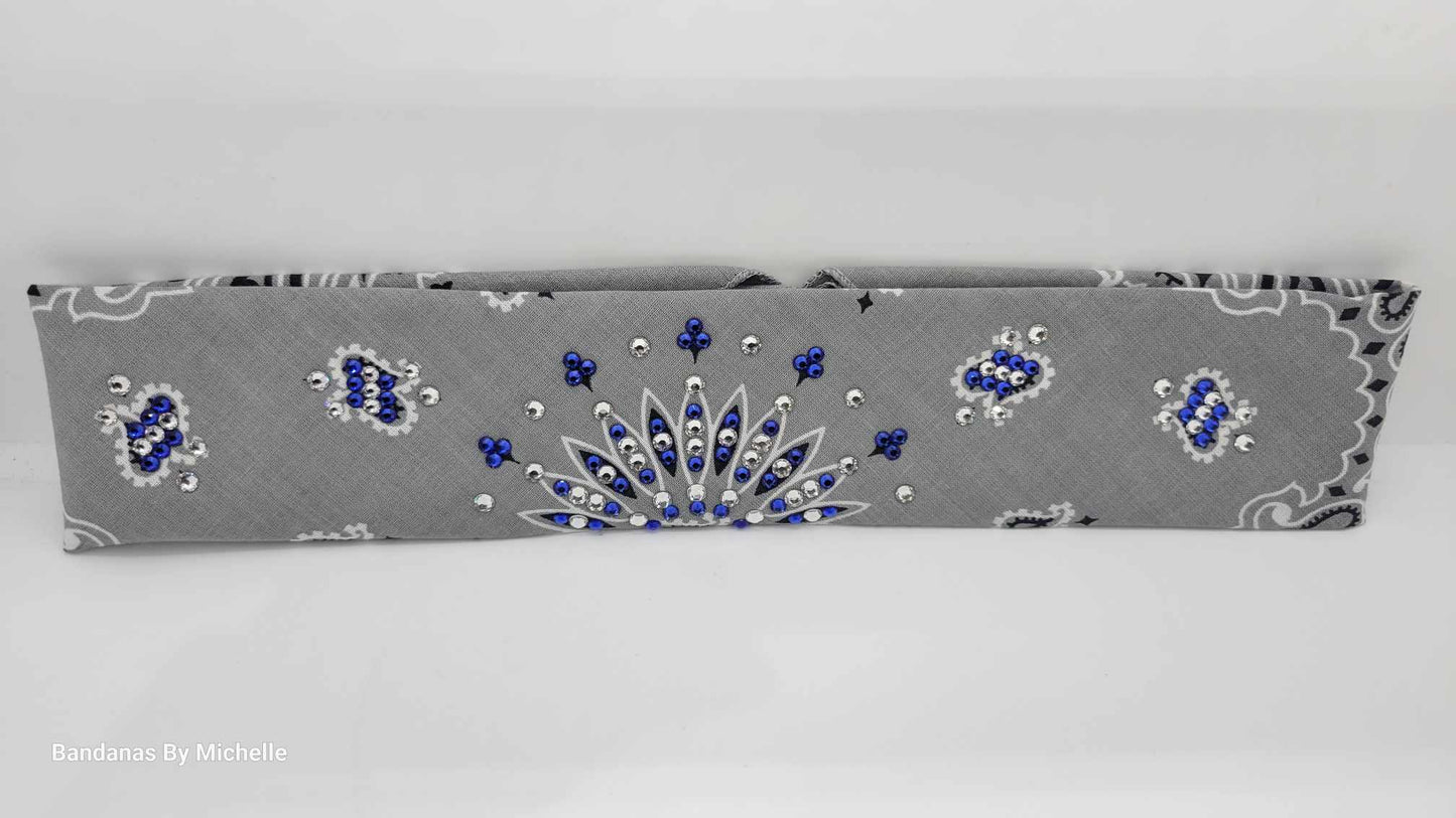 Narrow Silver Paisley Bandana with Blue and Diamond Clear Austrian Crystals (Sku2116)