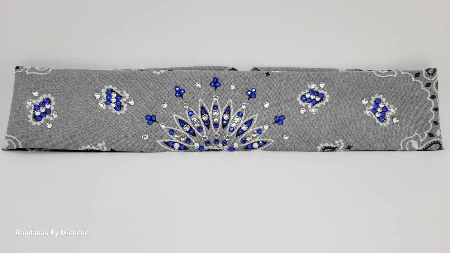 Narrow Silver Paisley Bandana with Blue and Diamond Clear Austrian Crystals (Sku2116)