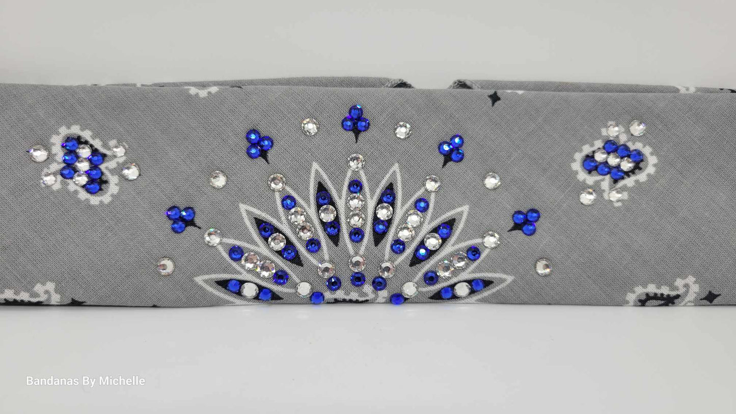 Narrow Silver Paisley Bandana with Blue and Diamond Clear Austrian Crystals (Sku2116)