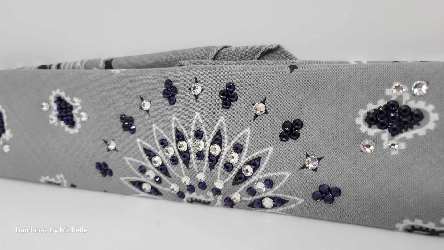 Narrow Silver Paisley Bandana with Purple and Diamond Clear Austrian Crystals (Sku2117)