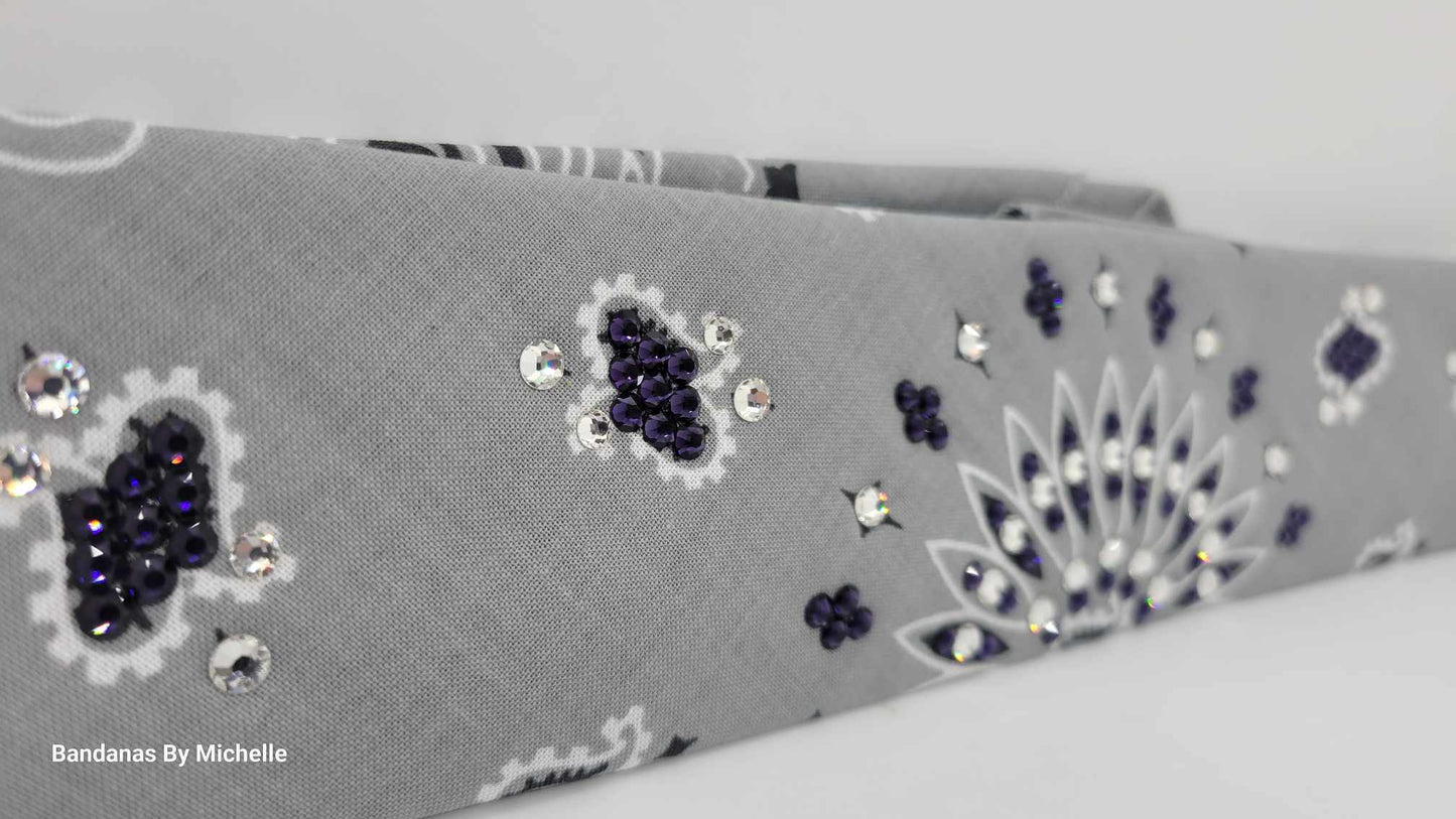 Narrow Silver Paisley Bandana with Purple and Diamond Clear Austrian Crystals (Sku2117)