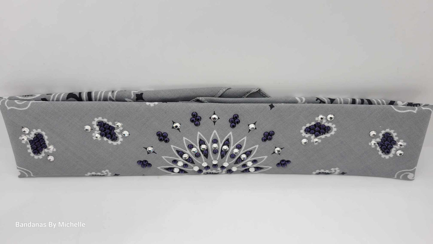 Narrow Silver Paisley Bandana with Purple and Diamond Clear Austrian Crystals (Sku2117)