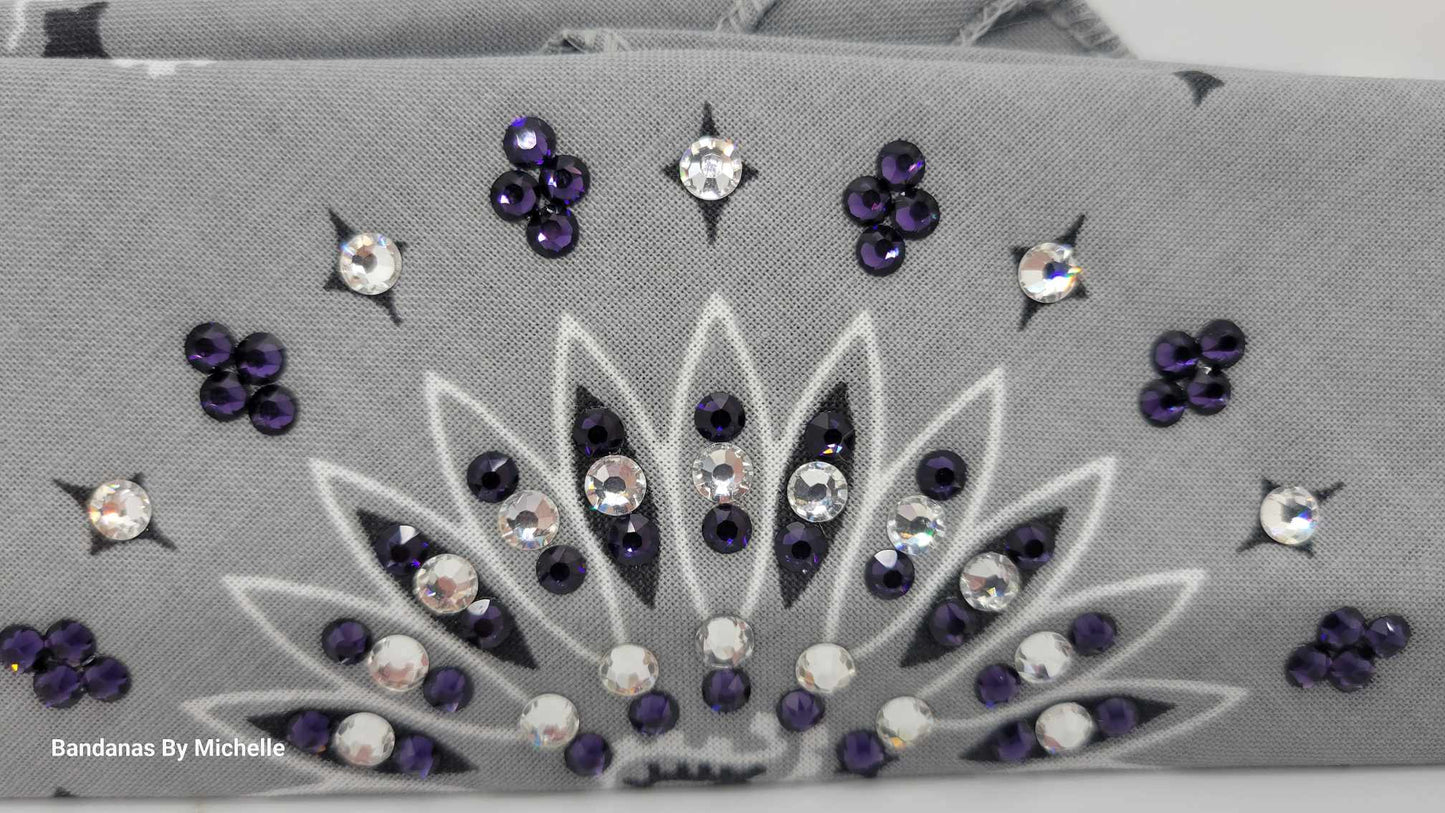 Narrow Silver Paisley Bandana with Purple and Diamond Clear Austrian Crystals (Sku2117)