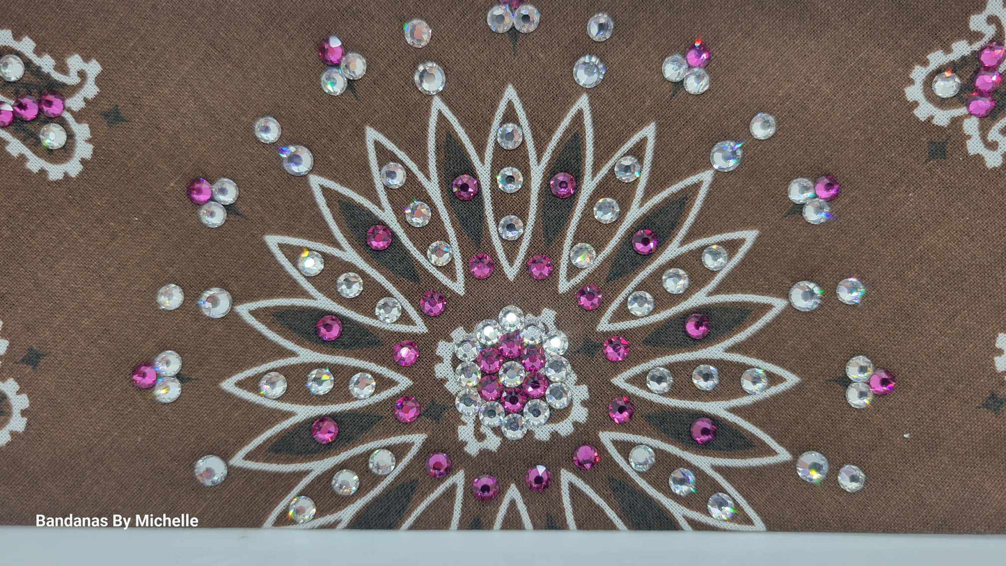 Brown Paisley Bandana with Fuchsia and Diamond Clear Austrian Crystals (Sku2127)