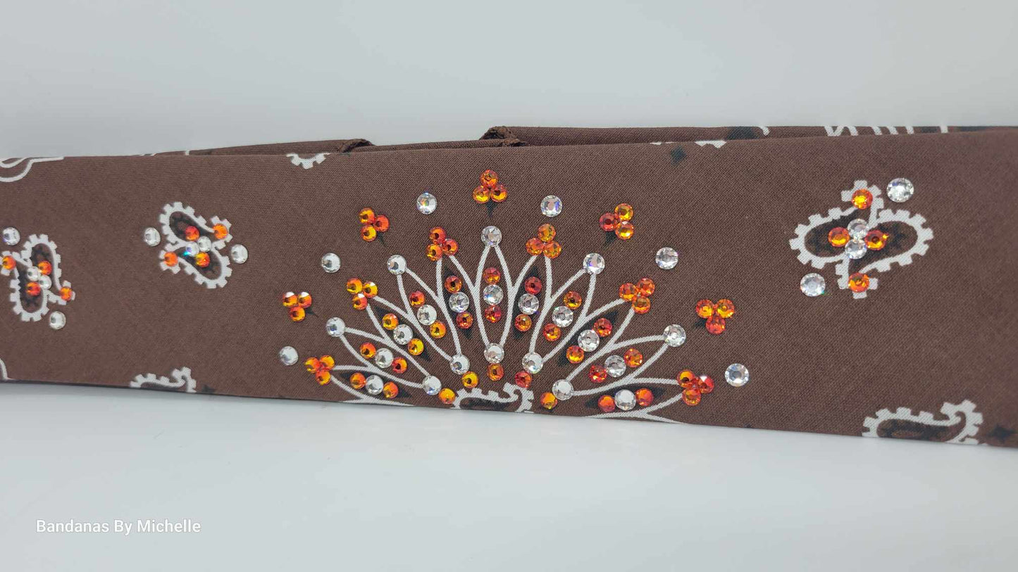 Narrow Brown Paisley Bandana with Orange and Diamond Clear Austrian Crystals (Sku2125)