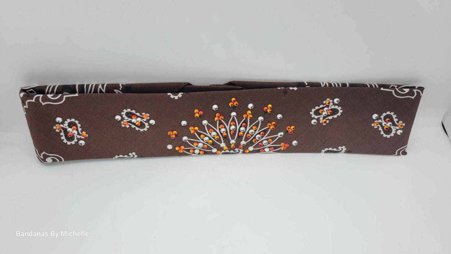 Narrow Brown Paisley Bandana with Orange and Diamond Clear Austrian Crystals (Sku2125)