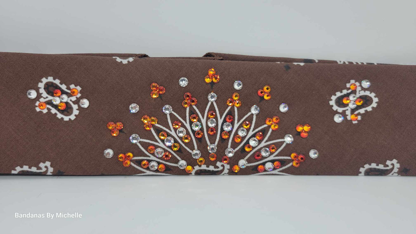 Narrow Brown Paisley Bandana with Orange and Diamond Clear Austrian Crystals (Sku2125)