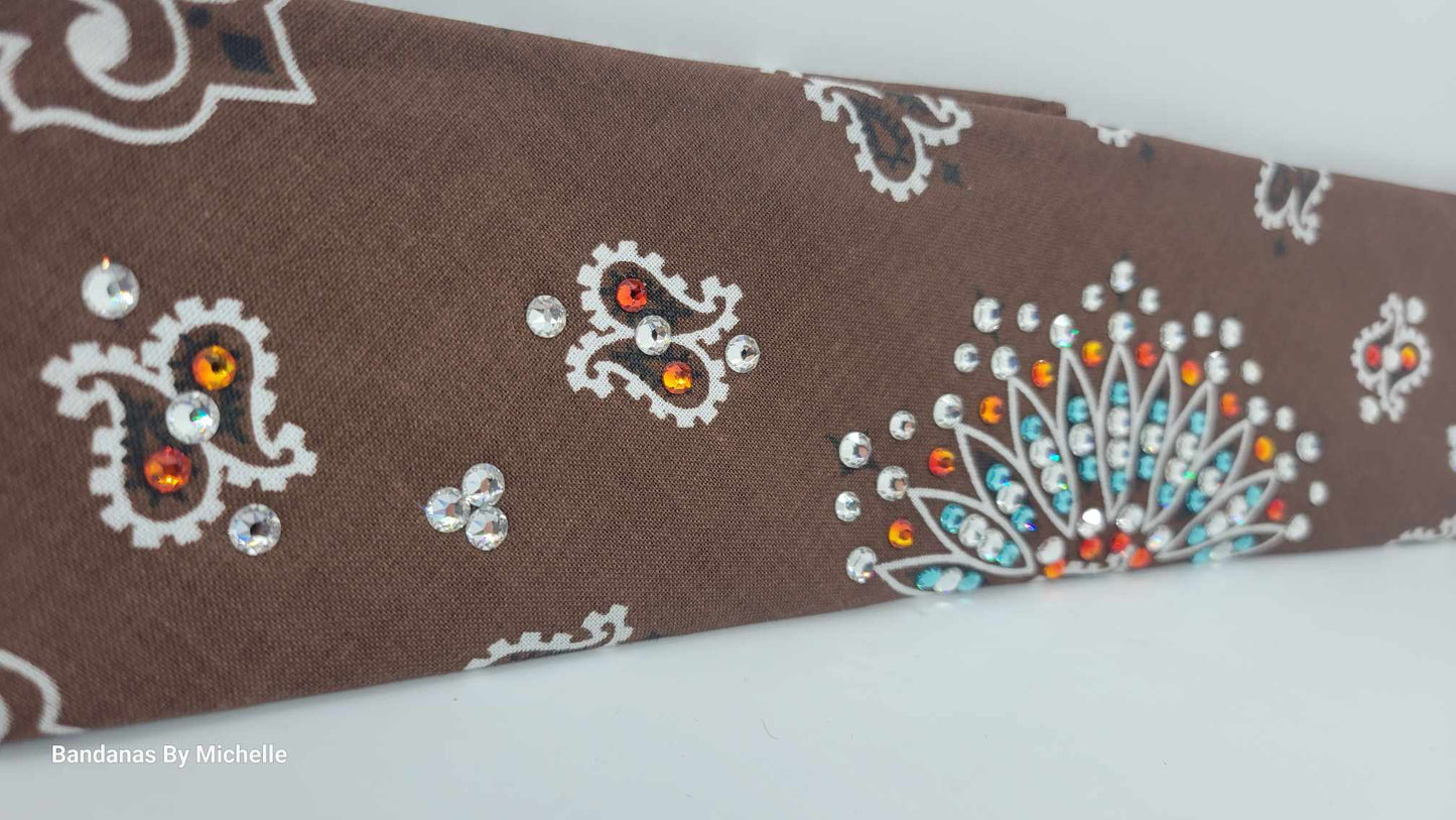 Narrow Brown Paisley Bandana with Turquoise, Orange and Diamond Clear Austrian Crystals (Sku2126)