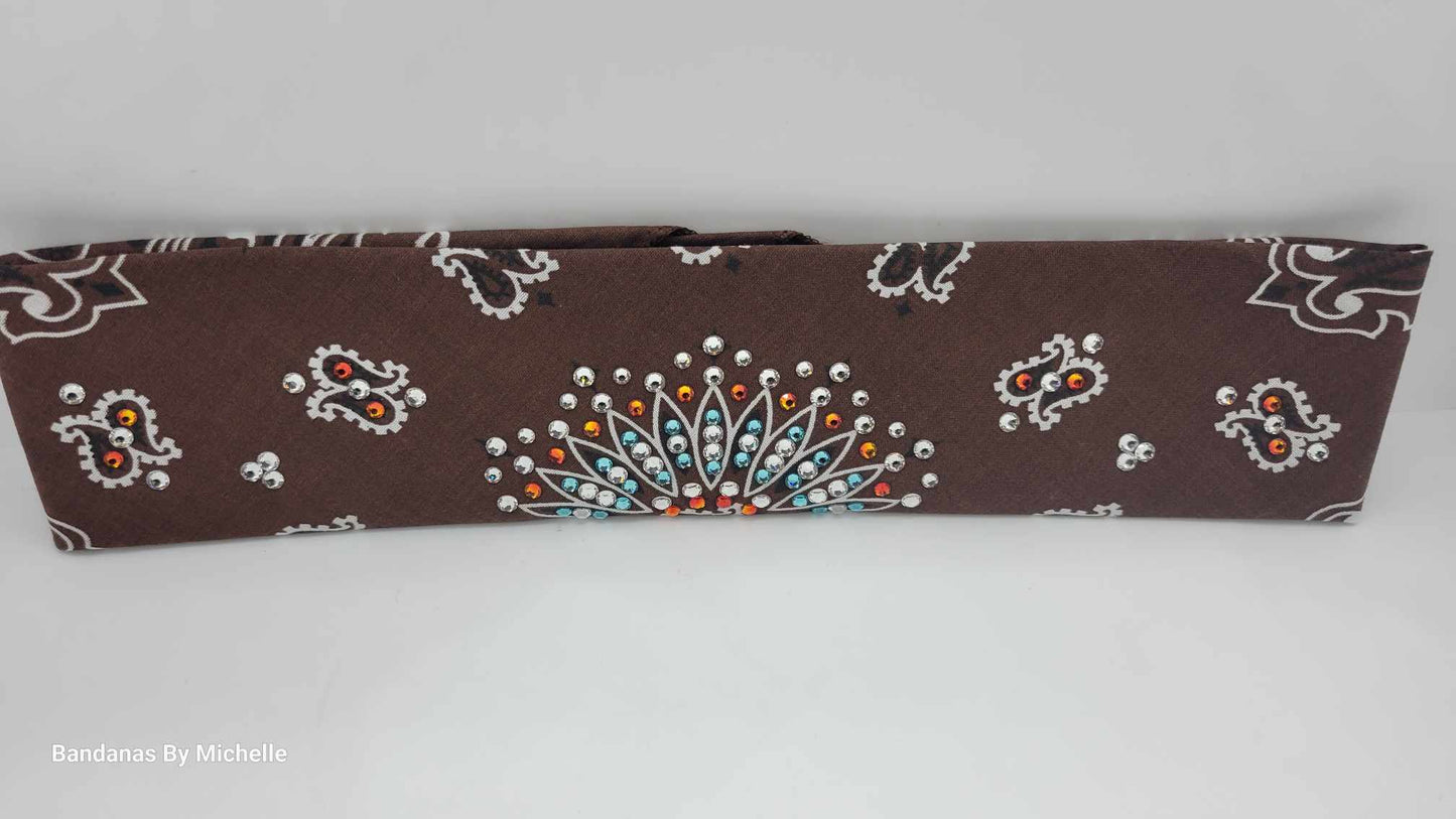 Narrow Brown Paisley Bandana with Turquoise, Orange and Diamond Clear Austrian Crystals (Sku2126)