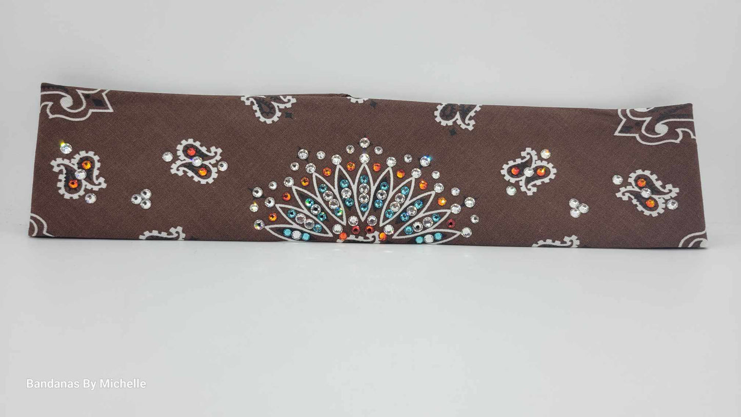 Narrow Brown Paisley Bandana with Turquoise, Orange and Diamond Clear Austrian Crystals (Sku2126)