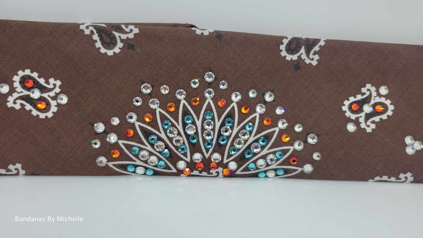 Narrow Brown Paisley Bandana with Turquoise, Orange and Diamond Clear Austrian Crystals (Sku2126)