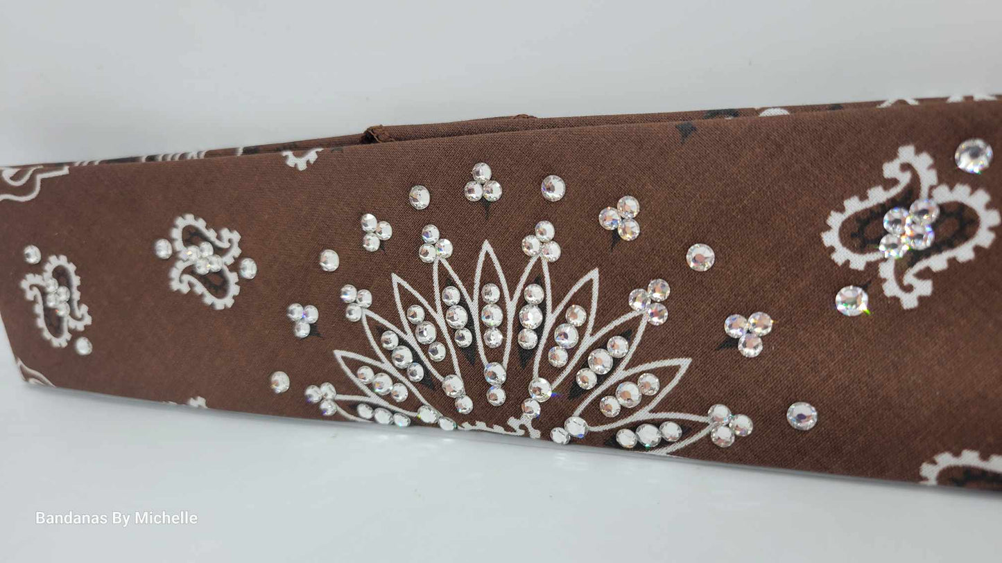 Narrow Brown Paisley Bandana with Diamond Clear Austrian Crystals (Sku2128)