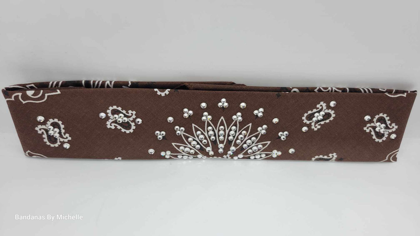 Narrow Brown Paisley Bandana with Diamond Clear Austrian Crystals (Sku2128)